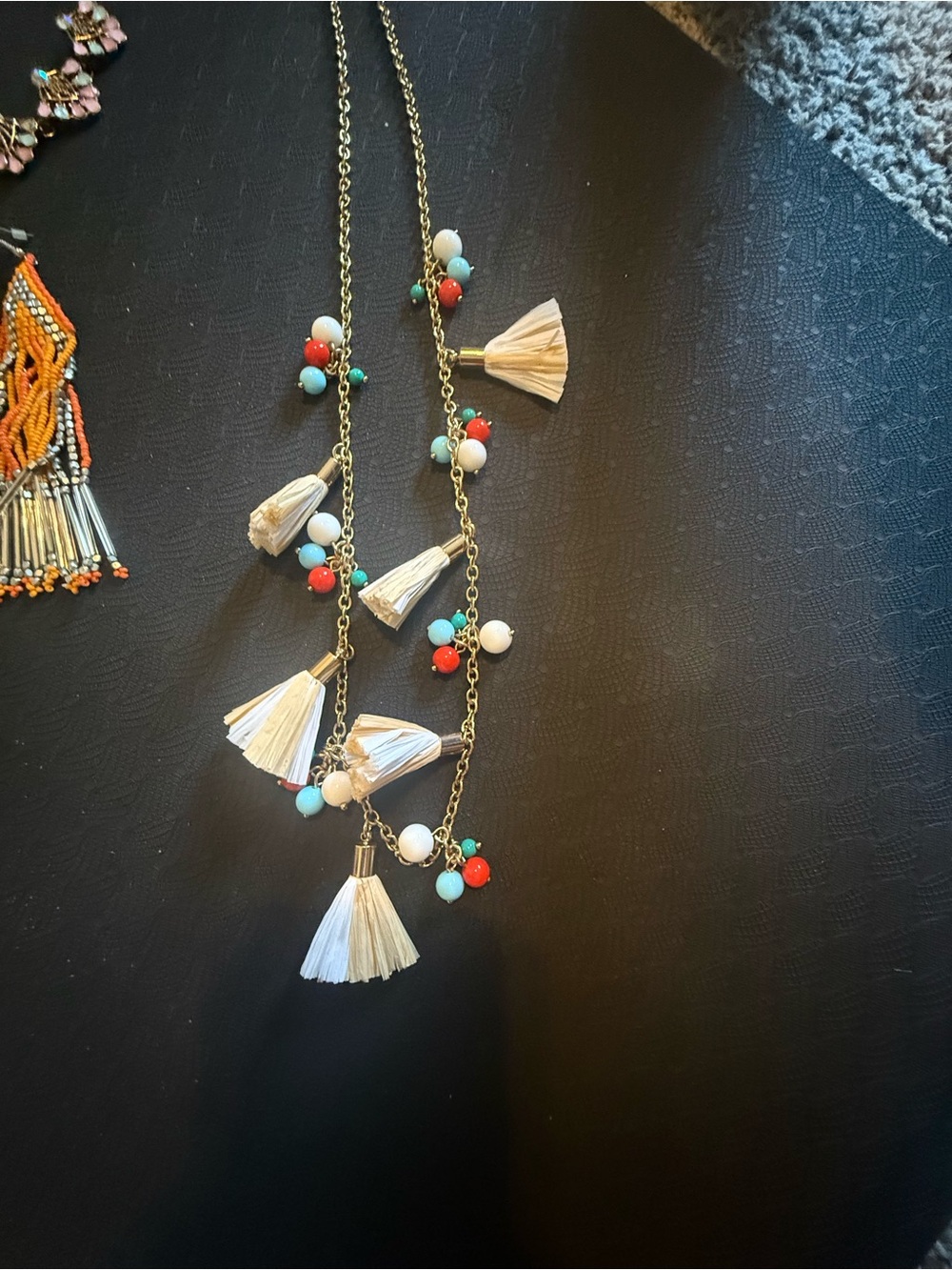 Boho Tassel Necklace with White, Turquoise & Coral Beads 2